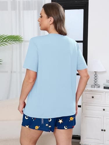 AusLook Plus Size Pajama Set for Women 2 Piece V Neck Short Sleeve Loungewear 2X Set with Pajama Printed Shorts Summer Sleepwear Loose Fit 1X-5X - Thumbnail 6