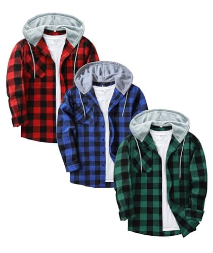 3-Pack Men's Plaid Hooded Button-Up Shirts Long Sleeve Cotton Hoodies Loose Fit Casual Tops Flannel Shirt - Image 1