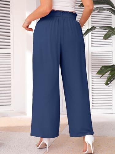 AusLook Women's Plus Size Wide Leg Pants with Pockets Dark Blue 3X Lightweight High Waisted Tie Knot Paperbag Dressy Palazzo Loose Paper Bag Comfy Business Casual Work Flowy Dress Ladies' Trousers - Thumbnail 2