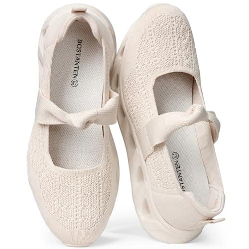 BOSTANTEN Comfortable Mary Jane Sneakers for Women - Lightweight & Breathable, Slip On Casual Shoes 2026, Wide Toe Box, Cushioned Sole for All-Day Walking/Work Beige - Image 1