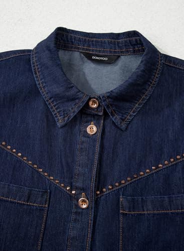 Dokotoo Womens Fashion Casual V Neck Long Sleeve Button Down Denim Shirt Basic Relaxed Fit Western Cowgirl Outfits Chambray Shirt Rhinestone Top Sail Blue Denim Tops Lightweight Jean Jacket Shacket XL - Thumbnail 5