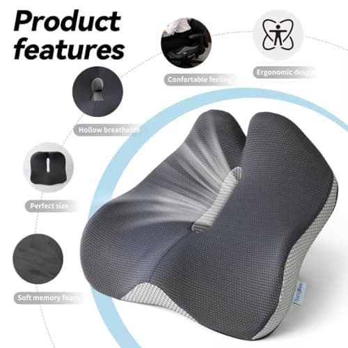 Bangkee 18x16 Inch Grey and Black Memory Foam Seat Cushion for Office Chair, Car Seat and Travel, Contoured Chair Pad with Removable Cover, Non-Slip Bottom and Carry Handle - Thumbnail 4