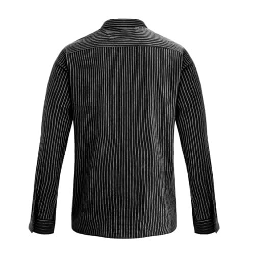 BAYAMO Men's Button-Down Striped Shirts Casual Long Sleeve Cotton Linen Collared Shirts Fashion Business Dress Shirt Black L - Thumbnail 4