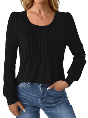 GKBK Women Long Sleeve Shirts Fall Tops Dressy Pleated Scooped Neck Tunic Tops for Leggings Black XXL - Thumbnail 2