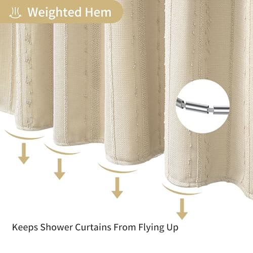 Lameirose Beige Shower Curtain Boho, 72 x 72 Cotton Blend Waffle Weave Stripe Textured Heavy Duty, Fabric Shower Curtain for Bathroom, Hotel, Washable - Thumbnail 6