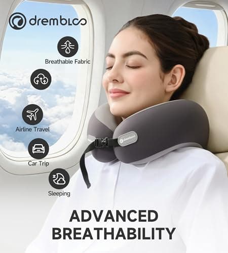 Neck Pillow Airplane for Sleeping, CertiPUR-US® BASF Memory Foam Cooling Travel Pillows for Airplanes, Adjustable Flight Sleep Pillow with Comfortable Breathable Cover, Portable Plane Accessories - Thumbnail 3