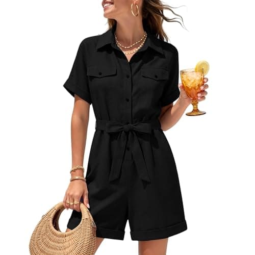 ZWRXW Summer Rompers for Women Linen Cargo Jumpsuit V Neck Short Sleeve Button Up Short Jumpsuit Overalls Vacation Outfits - Thumbnail 2