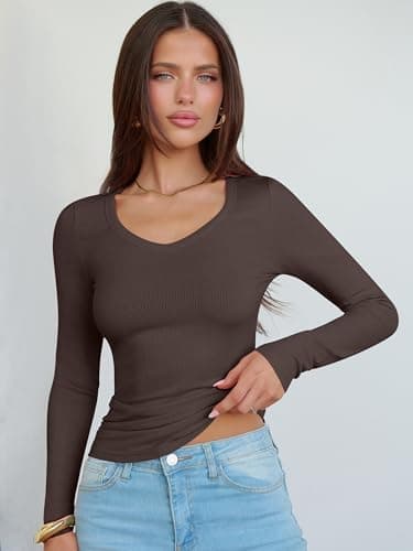 ANRABESS Long Sleeve V Neck Shirts for Women Coffee S - Thumbnail 6