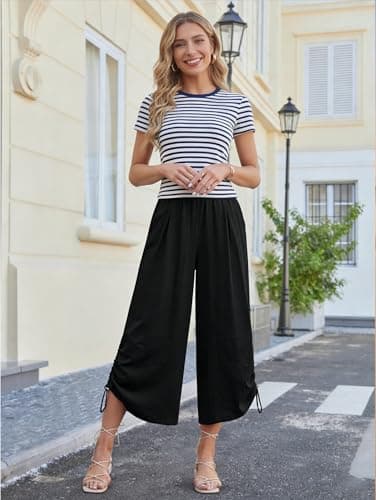 LOOKBOHO Women's Wide Leg Pants Summer Beach Vacation Capri 2-in-1 Cropped/Ankle Length High Waist Palazzo Flowy Slacks Black Large - Thumbnail 6
