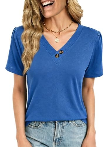 VUTRU Womens Blouses Summer V Neck Work Tops Cute Short Sleeve Henley Tshirts Tunic Loose Flowy Dressy Casual Plus Size, Royal Blue 3XL - Image 1