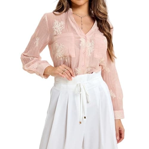 Women's Long Sleeve Sheer Floral Embroidered See Through Button Down Blouse Lightweight Boho V Neck ShirtsLarge YG010 Pink L - Thumbnail 5