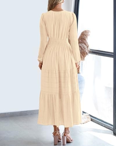 BTFBM Spring Dresses for Women 2026 Casual Long Sleeve V Neck Elastic Waist Lightweight Maxi Wedding Guest Dress Pockets(Apricot, Large) - Thumbnail 3