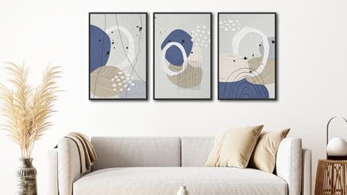 Large Framed Abstract Wall Art Canvas Prints Set of 3, Minimalist Geometric Painting Artwork, Neutral Line Art Gery Blue Beige Canvas Pictures for Living Room Bedroom Office Decor 16"x24"x3 - Thumbnail 2