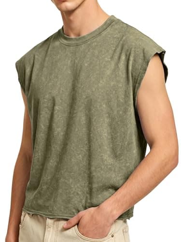 PLEPAN Men's Cropped Streetwear Fashion Cotton Tank Tops Cut Off Muscle Shirts Workout Gym Tee Olive Medium - Image 1