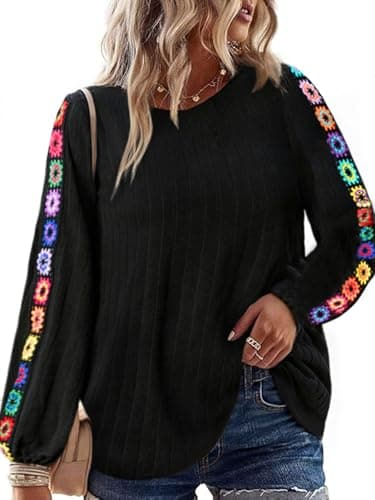 Halobelle Womens Tops Dressy Embroidered Tops for Women Trendy Long Sleeve Shirt Mexican Blouse Fall Peasant Top(Black Medium) - Image 1