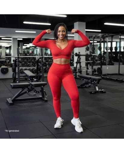 BRXL Red Crop Tops for Women Long Sleeve Workout Gym Athletic Tops Built in Bra Deep V Neck Ruched Padded Dance Sexy Shirts - Thumbnail 3