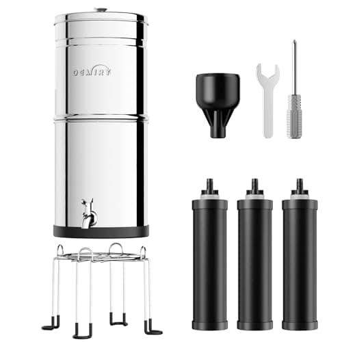 OEMIRY Gravity Water Filter System, 3.25G Stainless Steel Countertop System Water Purifier with Stand, Reduce 99% Chlorine for Home Camping Backpacking RVing, 3 Carbon Filters - Image 1
