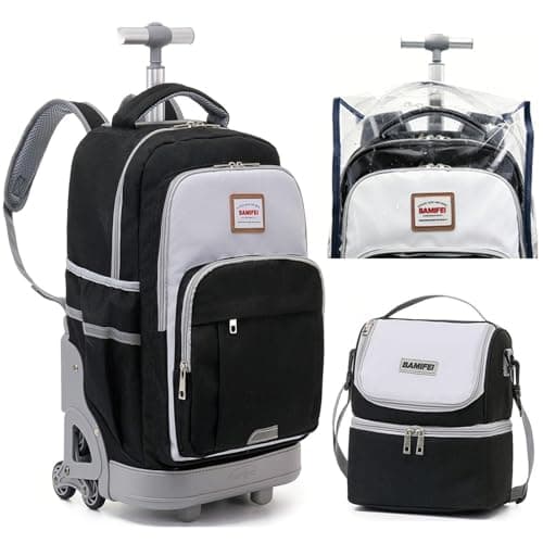 BAMIFEI 18 Inch Black Rolling Backpack for Kids, Black Climb Stairs Rolling Backpack Carry On Wheeled School Backpack, Spacious Multiple Compartments Quiet Wheels Travel Backpack for Boys - Image 1