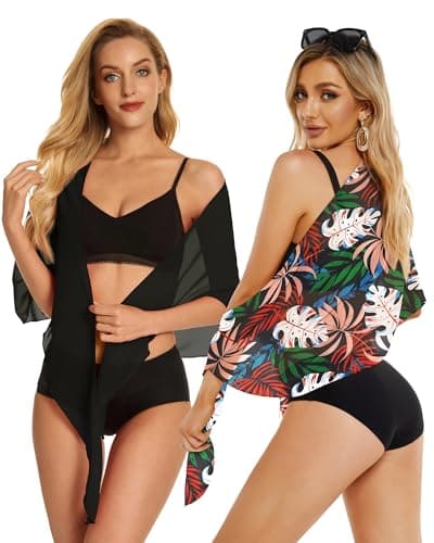 2 Pieces Sarong Cover Ups for Women Beach Bathing Suit Wrap Sheer Short Skirt Bikini Chiffon Scarf for Swimwear (Black, Orange White Leaves) - Thumbnail 5