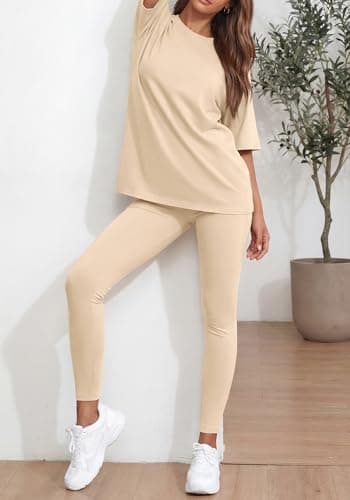 BTFBM Two Piece Lounge Set Women 2026 Spring Casual Oversized Shirts Leggings Matching Workout Airport Travel Outfits(Beige, XX-Large) - Thumbnail 6