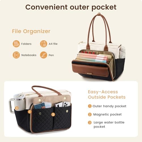 LOVEVOOK Laptop Tote Bag for Women with Accordion File Area, Work Bag for Teacher with Large Cup Holder, Quilted Nurse Diaper Bag for Travel, Computer Women's Handbags for Teacher Gift, 15.6 Inch - Thumbnail 3