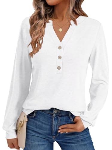 EasyGala Womens V Neck Long Sleeve Shirts Henley Dressy Casual Tops Loose Fit Trendy Tees Fall T Shirts Outfits 2025 White - Image 1