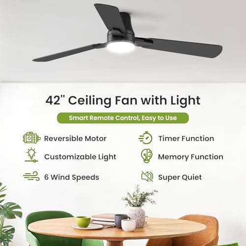 OSTIVE Ceiling Fans with Lights and Remote: 42 Inch Modern Ceiling Fan, Low Profile Flush Mount, Quiet Reversible DC Motor & 3CCT Dimmable LED for Bedroom Living Room Kitchen Indoor Outdoor (Black) - Thumbnail 2