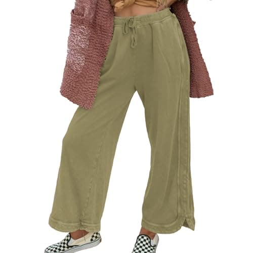 Ainangua Women's Palazzo Pants Acid Wash Capri Pants Drawstring Athletic Wide Leg Trousers Summer Lounge Home(Mustard-Green,M) - Thumbnail 6