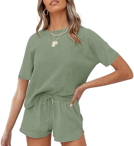 MEROKEETY Women's Short Sleeve Waffle Pajama Sets Lounge Top and Shorts 2 Piece Tracksuit Outfits, ShortGreen, XL - Image 1
