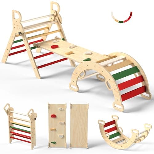 BlueWood Pikler Triangle Set, Toddler Wooden Climbing Toys Indoor 7in1 Foldable Climber for Kids, Montessori Philosophy Play Jungle Gym with Arch, Ramp, Ladder (Warm Winter Christmas)