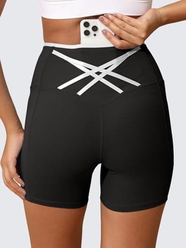 Aoysky Womens Workout Biker Shorts 5" Color Block High Waisted Yoga Athletic Shorts Black - Thumbnail 2