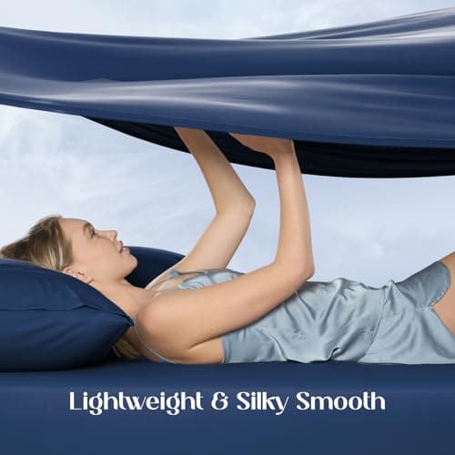 Dream Valley® Cooling Sheets Twin Size, Cooling Fitted Breathable Bed Sheets & Flat Sheet with 1 Pillowcase-3 PCS for Night Sweats & Hot Sleepers, Q-Max >0.45 Aerocool, Deep Pocket 16",Navy Peony - Thumbnail 4