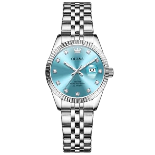OLEVS Watch Women Blue Watches for Women Luxury Women's Wirst Watch Dress Silver Stainless Steel Ladies Watches Easy Reader Analog Quartz Waterproof Date Diamond Small Face Reloj para Mujer - Image 1