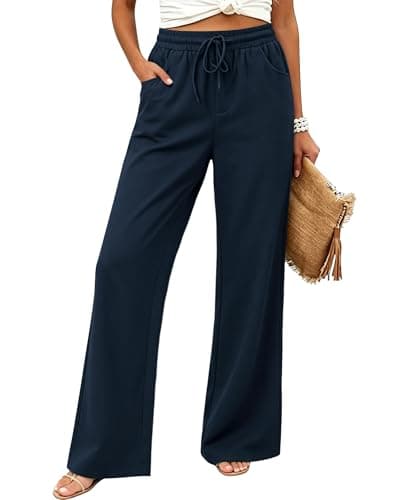 JEKAOYI Wide Leg Pants for Women Flowy Palazzo Drawstring Elastic Waist Trousers with Pockets Summer Beach Vacation Pants Navy Blue - Image 1