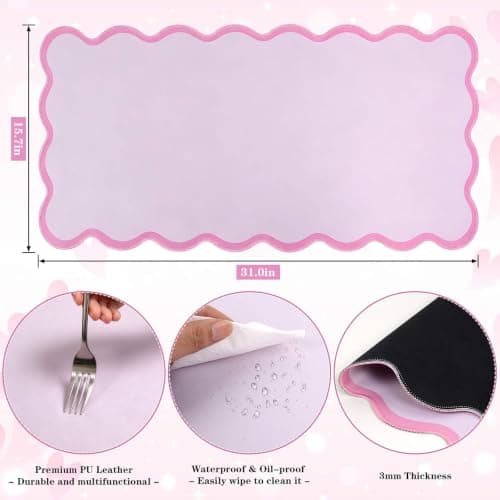 yuboo Pink Scalloped Desk Mat, 31" x 15.7" Large Waterproof Pastel Desk Mat Kawaii Cottagecore Aesthetic Desk Pad Desktop Keyboard Mouse Mat for Dorm Office Gaming Decor - Thumbnail 3