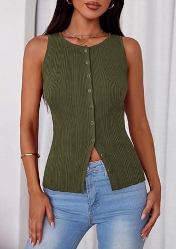 PRETTYGARDEN Sleeveless Button Down Shirts for Women Summer 2026 Going Out Ribbed Knit Tank Tops Y2K Clothes Trendy Vest Tops(Army Green,Small) - Thumbnail 3