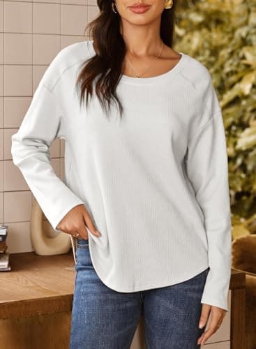 Dokotoo Womens Oversized Waffle Knit Top Crew Neck Long Sleeve Lightweight Soft Loose Pullover Teacher Outfits Plus Size Tunic Tops,XX-Large White - Thumbnail 5