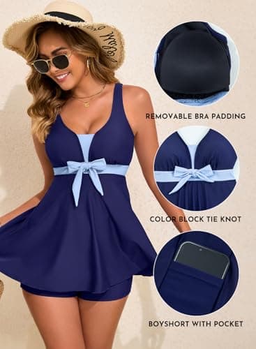 Aleumdr Women 2 Piece Padded Tankini Swimsuits Tummy Control Bathing Suits Modest Flowy Swim Top with High Waisted Shorts Navy Blue X-Large - Thumbnail 4