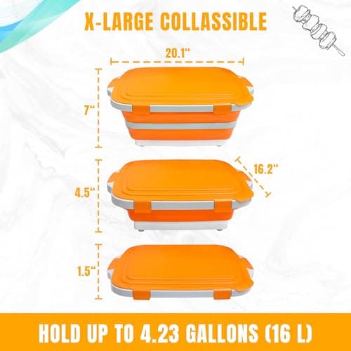 Collapsible BBQ Prep Tub with Cutting Board & Lid, Folding Food Container BPA-Free Heavy-Duty, Dishwasher Safe, Upgraded Drain Hole - for Camping, Grilling Outdoor Cooking (Orange, X-Large) - Thumbnail 6