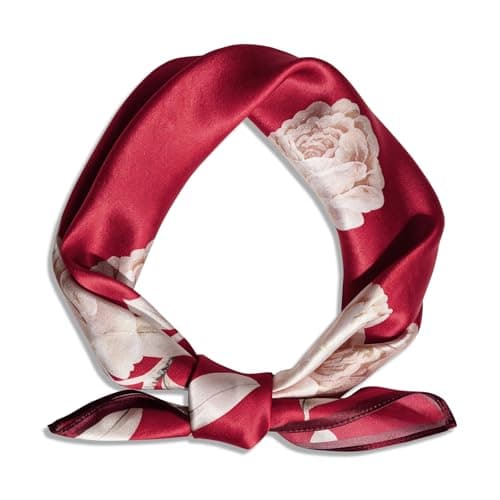 Ciormis Pure Mulberry Silk Scarf- 21" Floral Printed Burgundy Hair Silk Scarves Lightweight Neckerchief for Women Ladies with Gift Box - Image 1
