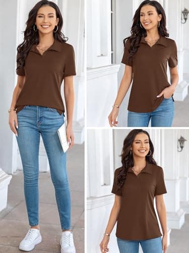 MK Shop Limited Polo Shirts for Women Business Casual Work Lapel Collared Tops V Neck Short Sleeve Summer Quick Dry Golf Polos Tunic Blouse Dark Brown S - Thumbnail 5