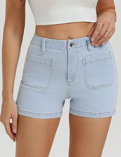 Belle Poque Women Jean Shorts Light Blue High Waisted Micro Cargo Denim Shorts (Light Blue, L) - Thumbnail 5