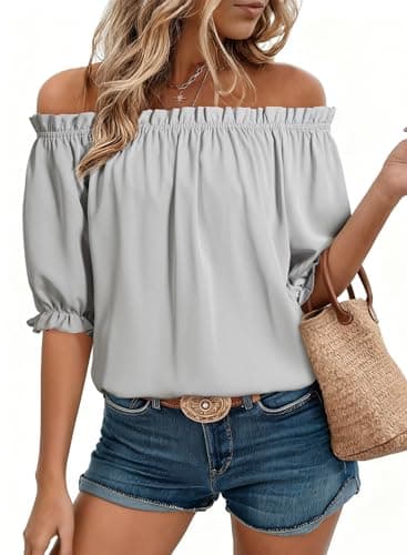 EVALESS Short Sleeve Shirts for Women Dressy Tops Smocked Off The Shoulder Chiffon Blouses Spring Summer Clothes Fashion 2026 Business Casual Outfits Work Gray Shirts Ladies Tops and Blouses, X-Large - Image 1