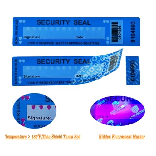 TSPC SECSEAL 50pcs 25x110mm Heat Tampering Fluorescent Mark Non Residue Tamper Evident Anti Counterfeit Tamper Proof Stickers Labels Seals (1 x 4.33 Inches, Matte Blue, Serial Number)