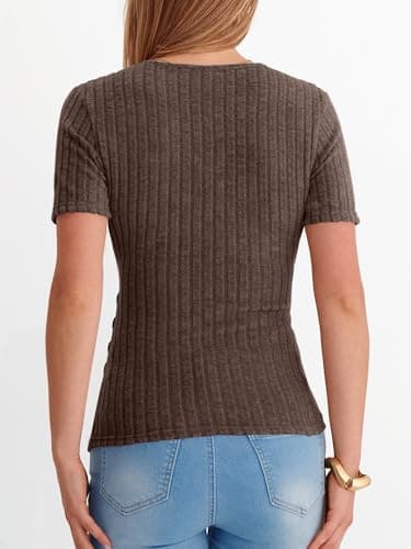 ANRABESS Women Short Sleeve V Neck Shirts,Chocolate Brown,XS - Thumbnail 6