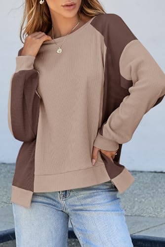 Dokotoo Women's Fashion Sweatshirts Oversized Sweatshirt for Women Waffle Knit Color Block Crewneck Long Sleeve Casual Cute Pullover Tops Comfy Fall Fashion Outfits Clothes 2024 Brown Small - Thumbnail 2