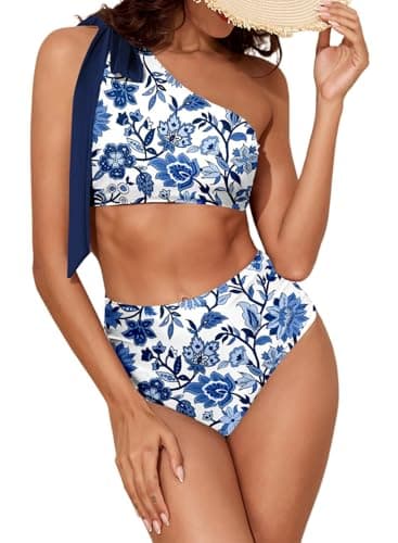 Herseas Women's 2 Piece Tie Shoulder Bikini Sets High Waist Swimwear Ruching Slimming Swimsuits Vintage Floral Print Bathing Suit Ladies Beach Vacation Outfits X-Large - Image 1