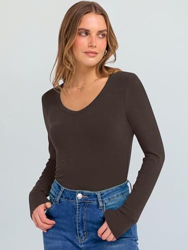 ANRABESS Long Sleeve V Neck Shirts for Women Coffee S - Thumbnail 4