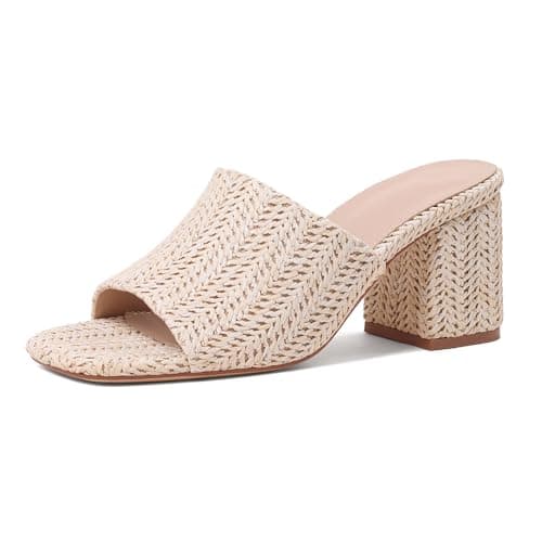 Ancomafio Women's Heeled Sandals Raffia Sandals Square Open Toe Heels Backless Mules Slip On Block Heels Beige Size 10