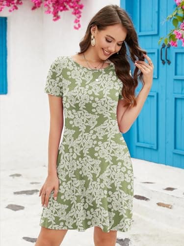KORSIS Summer Dress for Women Casual T-Shirt Dresses Swing Flowy Beach Vacation Floral Print Sundress with Pockets Green Rose M - Thumbnail 4